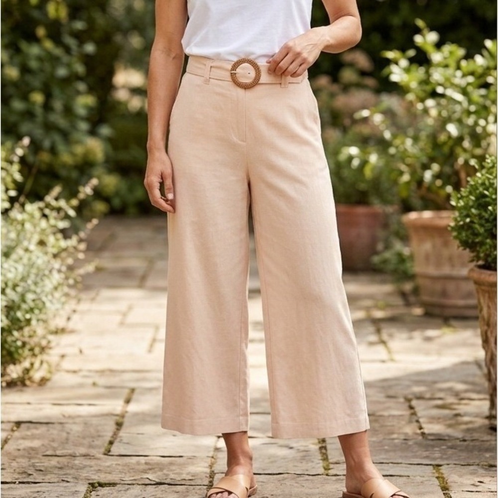 SIGRID OLSEN 10 Wide Leg Cropped Linen Blend Pants Rose Beige Belt Pull-On